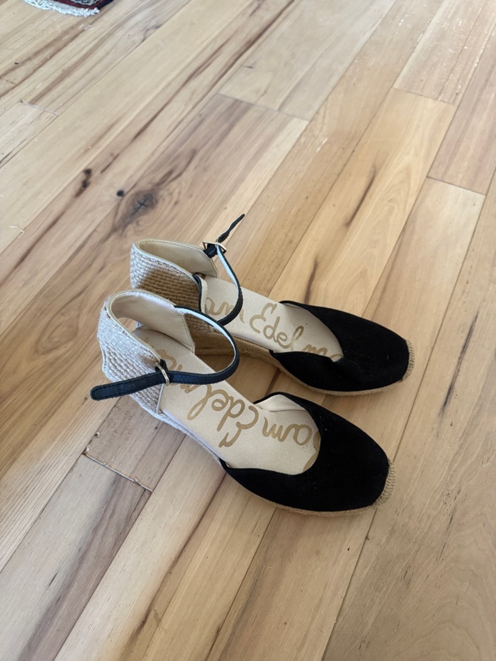 Sam Edelman Black and Natural Espadrille Wedge Sandals with Ankle Strap